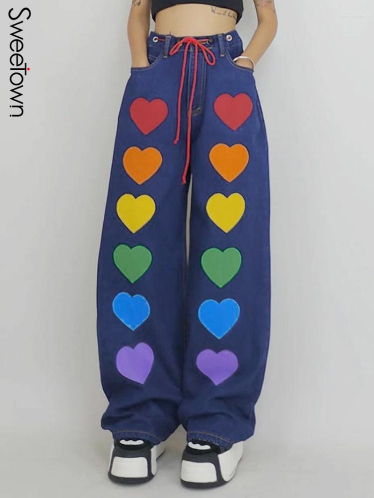 Women' Jeans Korea Fashion Loose Fit Women' Wide Leg Rainbow Heart Print Kawaii Y2K Street Clothing High Waist, Blue
Women' Jeans Korea Fashion Loose Fit Women' Wide Leg Rainbow Heart Print Kawaii Y2K Street Clothing High Waist, Blue