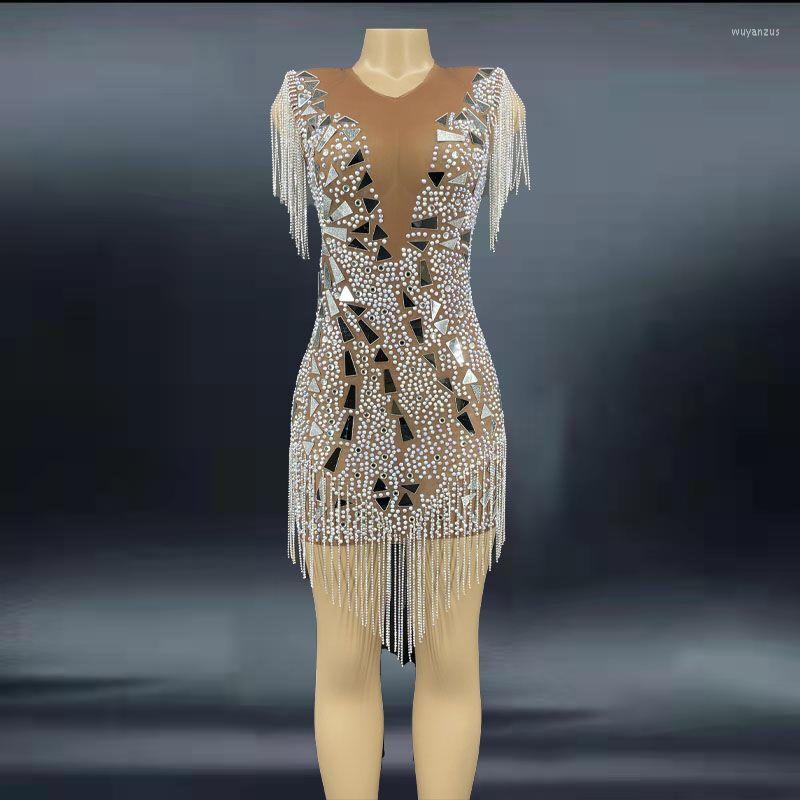 Stage Wear Fringes Mirrors Silver Crystals Tan Mesh Dress Birthday Evening Celebrate Rhinestones Costume Stretch Outfit Singer Performance
Stage Wear Fringes Mirrors Silver Crystals Tan Mesh Dress Birthday Evening Celebrate Rhinestones Costume Stretch Outfit Singer Performance