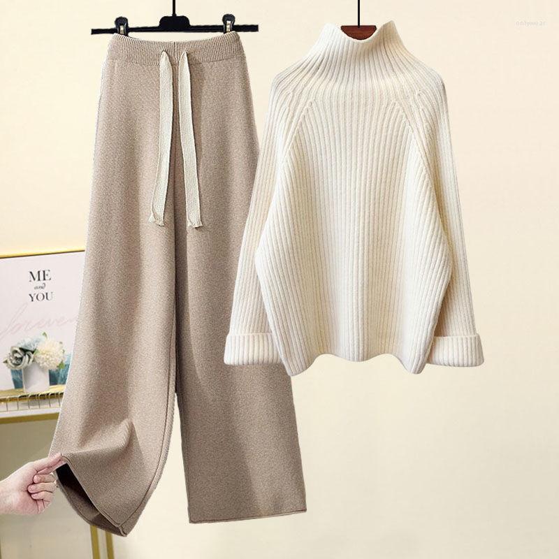 Women's Two Piece Pants Autumn Winter Women Knitted Set Turtleneck Long Sleeve Solid Pullover Sweater Casual Wide Leg Pant Outerwear