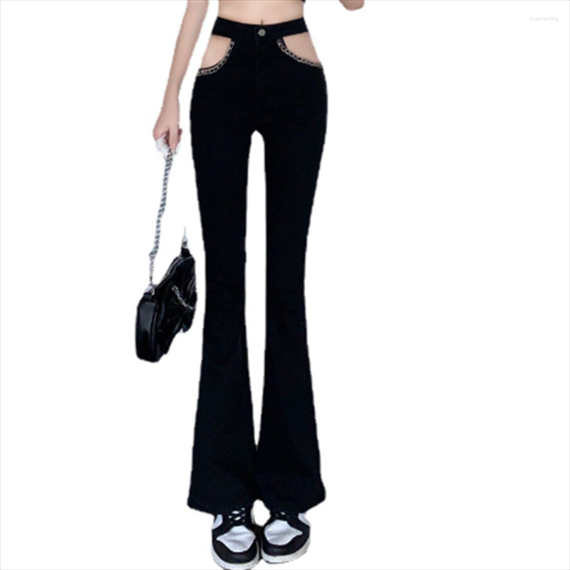 

Women' Jeans Trumpet Hollowed-out Nailed Bead Trousers Female Slim Chain Fashion, Black