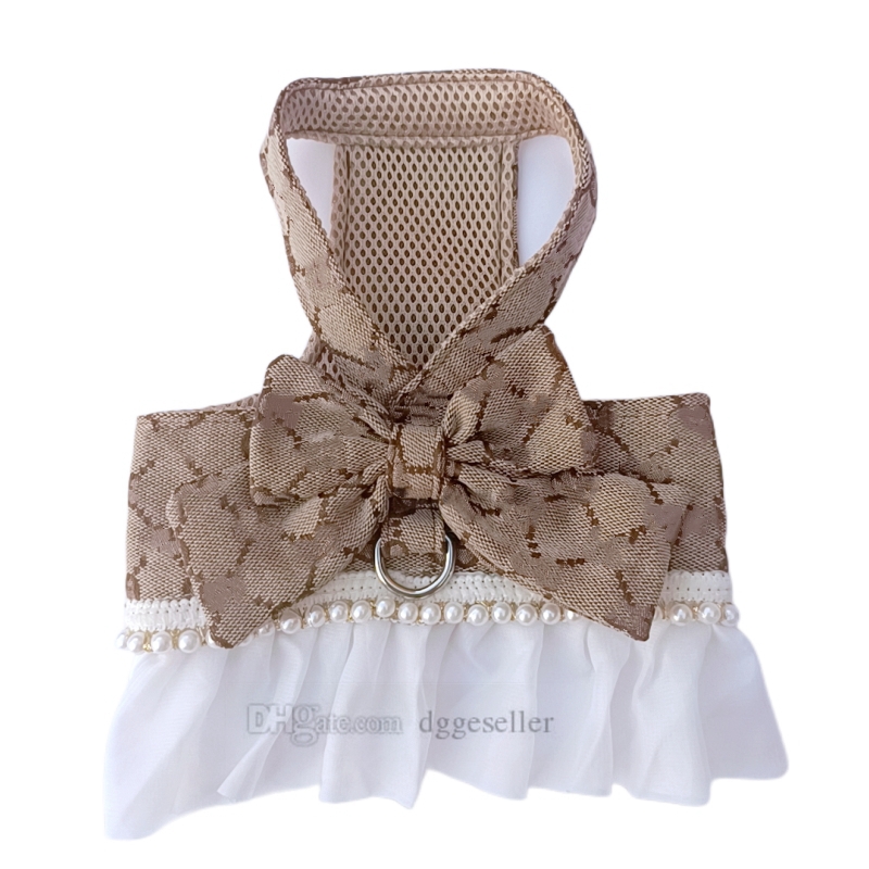 Designer with Bow Tie Classic Letter Pattern Harness Dress Small Dogs Cute Dog Pet Girl Puppy Summer Clothes for Yorkie Chihuahua Training Walking