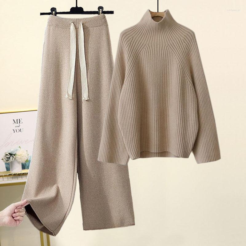 Women's Two Piece Pants Autumn Winter Women Knitted Set Turtleneck Long Sleeve Solid Pullover Sweater Casual Wide Leg Pant Outerwear