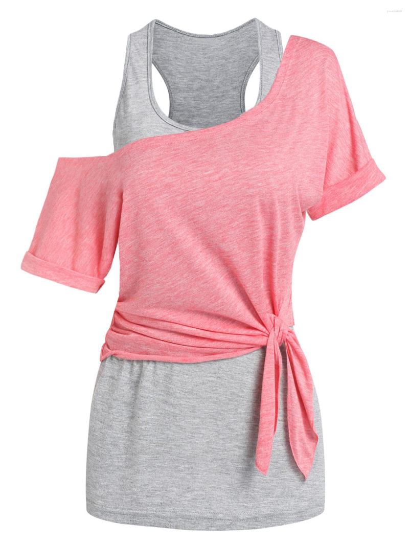 

Women's T Shirts Fashion Summer Two Pieces Set Tops Skew Collar T-shirt And Racerback Tank Tone Top Women Twinset Shirt, Light pink