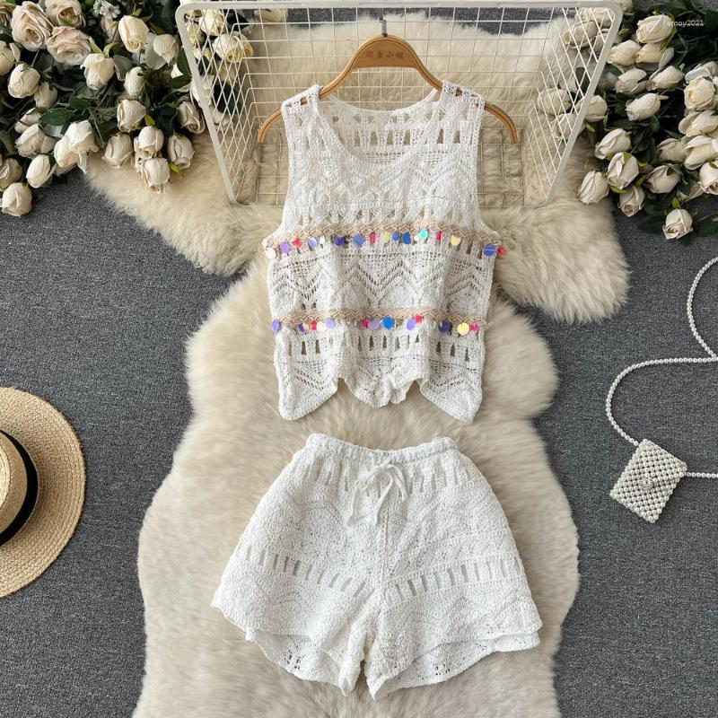 Women's Tracksuits Summer Holiday 2 Piece Sets Womens Outfits Hollow-out Knitted Corchet Tank Top Lace-up Shorts Female Two Drop, White
Women's Tracksuits Summer Holiday 2 Piece Sets Womens Outfits Hollow-out Knitted Corchet Tank Top Lace-up Shorts Female Two Drop, White