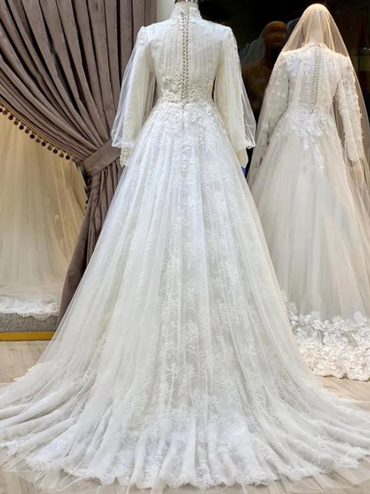 Vintage Muslim Wedding Dresses High Neck Long Sleeves Lace Appliques Bridal Gown Corset Back A Line Aso Ebi Robe De Mariee
