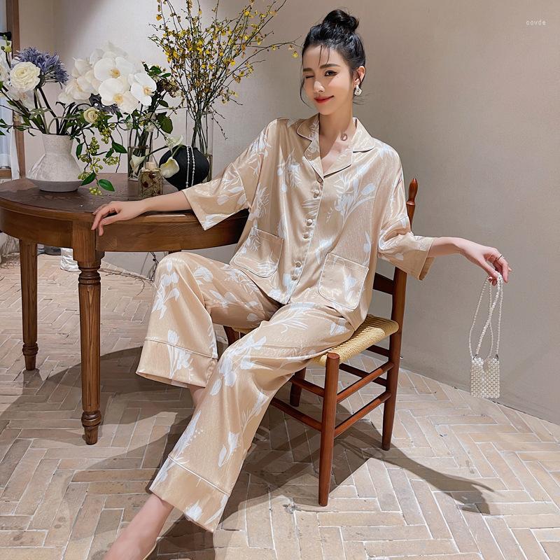 Women's Sleepwear Women's Spring Summer Thin Imitation Silk Pajamas Elegant Bat Sleeves Cardigan Large Loose Jacquard Tulip Home
Women's Sleepwear Women's Spring Summer Thin Imitation Silk Pajamas Elegant Bat Sleeves Cardigan Large Loose Jacquard Tulip Home