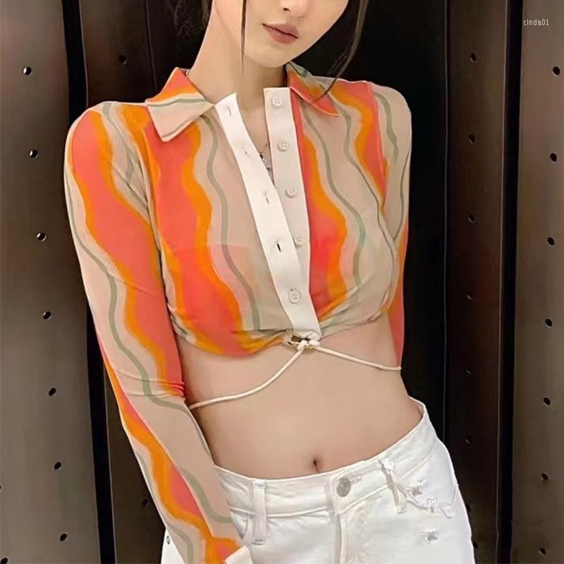 Women' Blouses Designer Summer Collection Long Sleeve Turn Down Collar Striped Contrast Color Drawstring Mesh Transparent Slim Shirt, Figure color
Women' Blouses Designer Summer Collection Long Sleeve Turn Down Collar Striped Contrast Color Drawstring Mesh Transparent Slim Shirt, Figure color