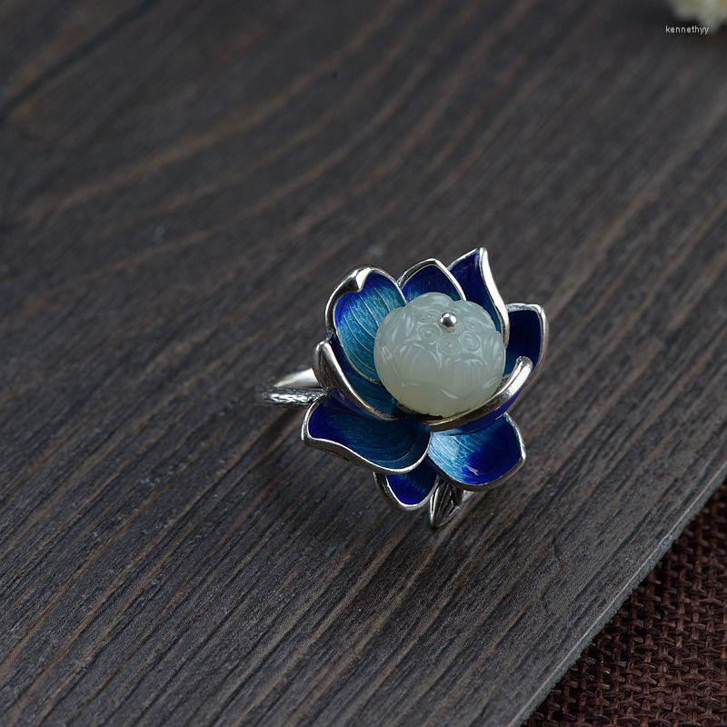 Cluster Rings S925 Sterling Silver Vintage Burnt Blue Craft Ring Fashion Inlaid Hetian Jade Lotus Woman Female Hand Jewelry
Cluster Rings S925 Sterling Silver Vintage Burnt Blue Craft Ring Fashion Inlaid Hetian Jade Lotus Woman Female Hand Jewelry