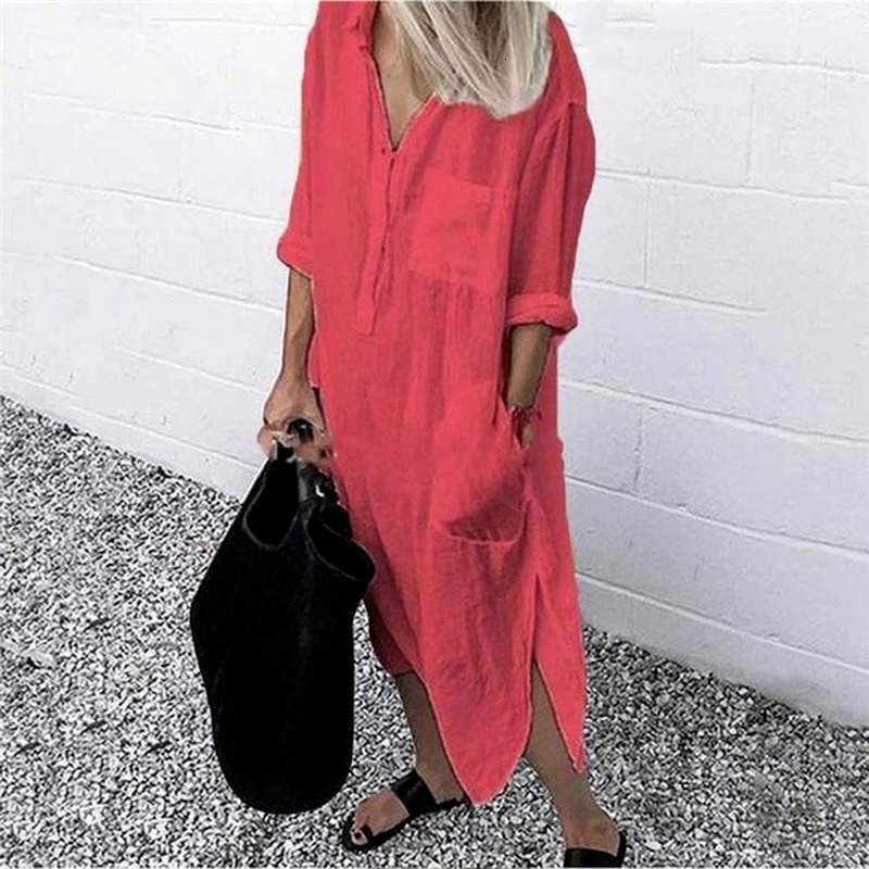 Basic Casual Dresses Summer Shirt Long Dres Sleeve Side Split Button 2023 Female Elegant Solid Color Pocket Loose 230627Z