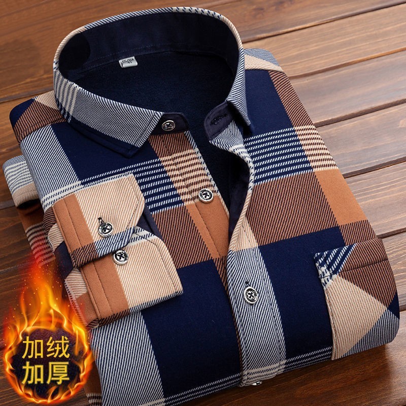 Men's Dress Shirts Autumn Winter Thicken Fleece Shirt Men Business Plaid Long Sleeve Warm Clothes Turn Down Collar Button Up Classic 230628Z