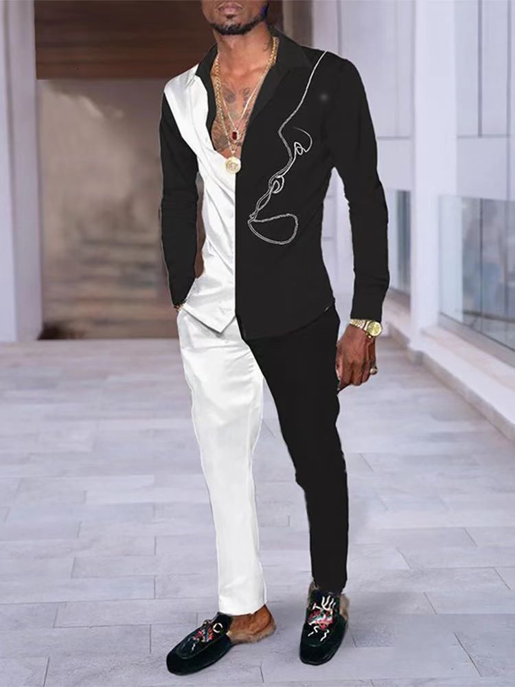 Mens Tracksuits Casual Long Sleeved Shirt And Pants Social Formal Set 230627