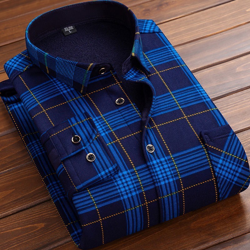 Men's Dress Shirts Autumn Winter Thicken Fleece Shirt Men Business Plaid Long Sleeve Warm Clothes Turn Down Collar Button Up Classic 230628Z