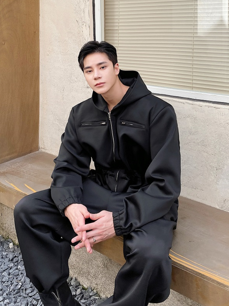 Men's Jeans SYUHGFA 2023 Autumn Men Clothing Zipper Hooded Jumpsuit Black Overalls Loose Cargo Pants Vintage Fashion Casual 230628