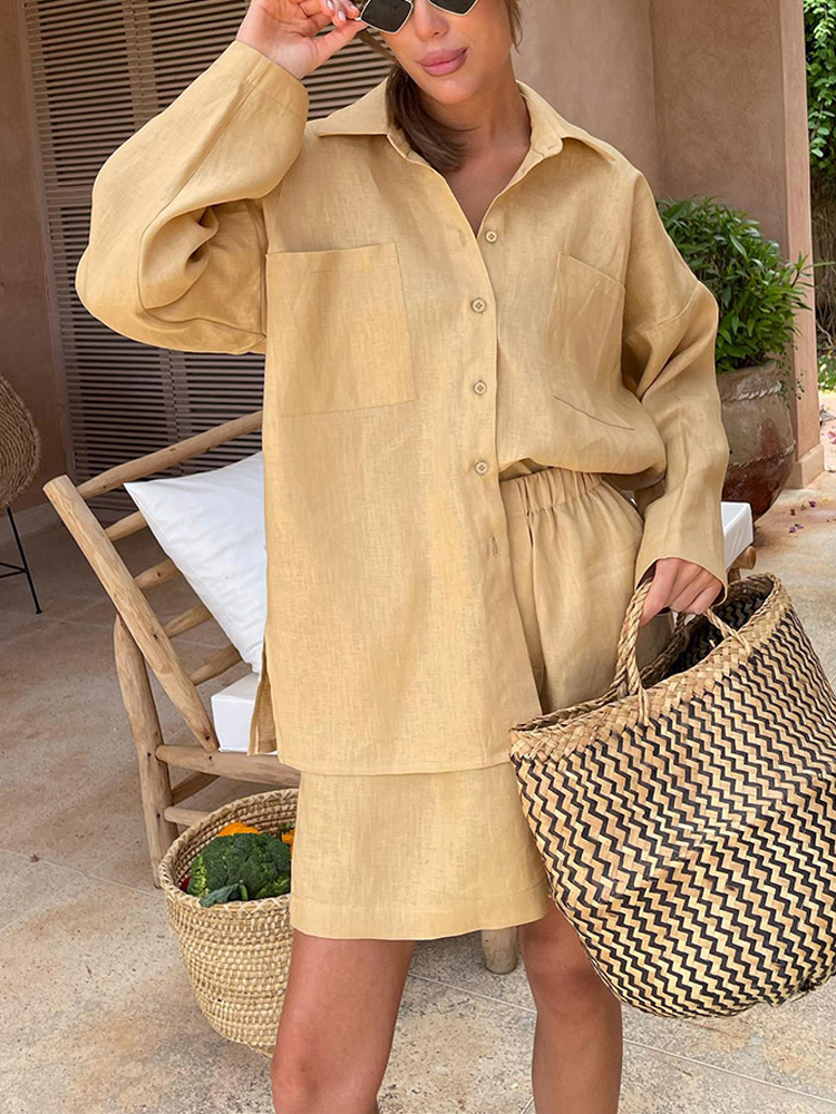 Two Piece Dress Black Womens Summer Suit Shirt and Shorts Loose Cotton Linen Long Sleeve Top Oversize Twopiece Set for Women Outfits 230627