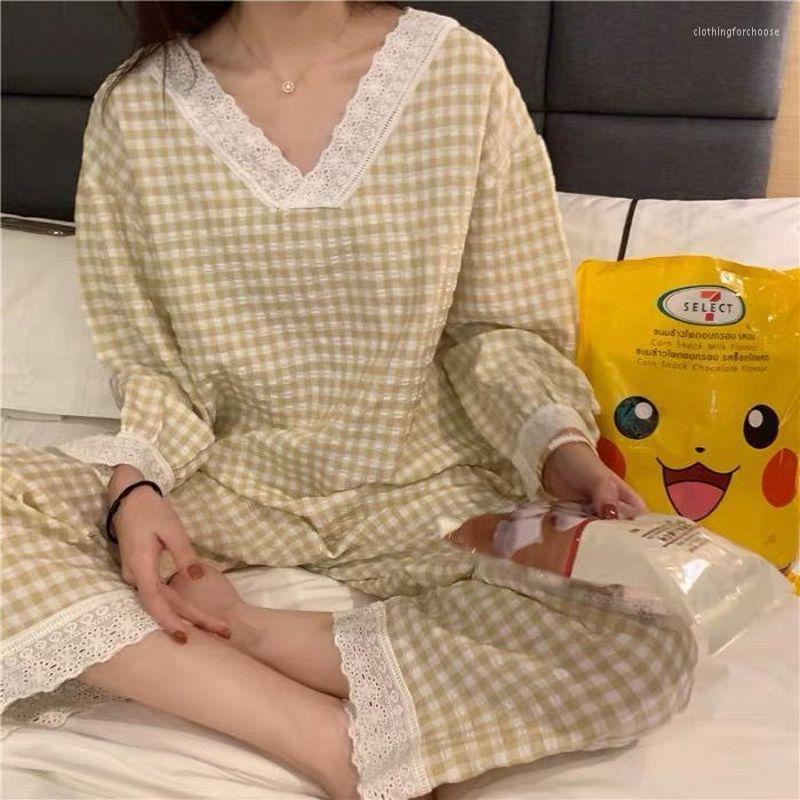 Women's Sleepwear Pajama Sets Women Spring Plaid V-Neck Female Korean Style Harajuku All-match Sweet Students Simple Fashion Nightwear, Plaid yellow
Women's Sleepwear Pajama Sets Women Spring Plaid V-Neck Female Korean Style Harajuku All-match Sweet Students Simple Fashion Nightwear, Plaid yellow