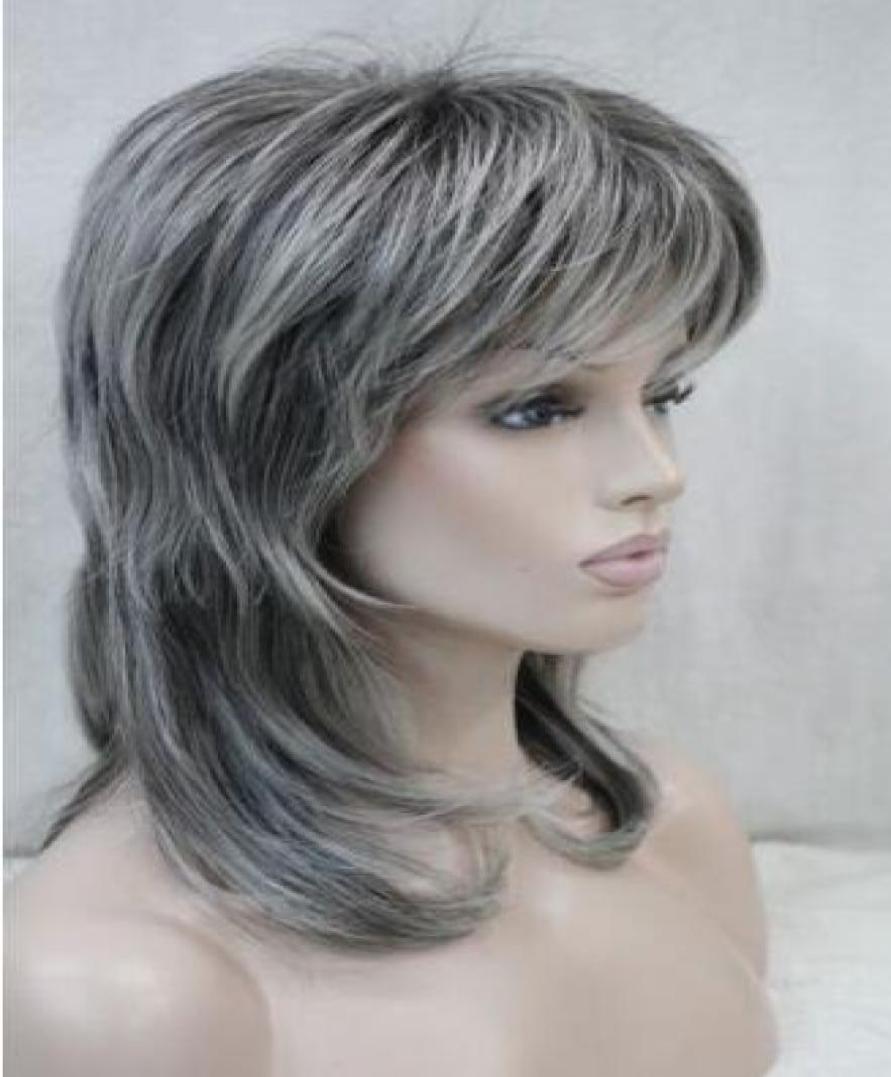 

charming beautiful new sell NEW women039s wig medium length grey layered shoulder long synthetic wigs5662061, Mix color