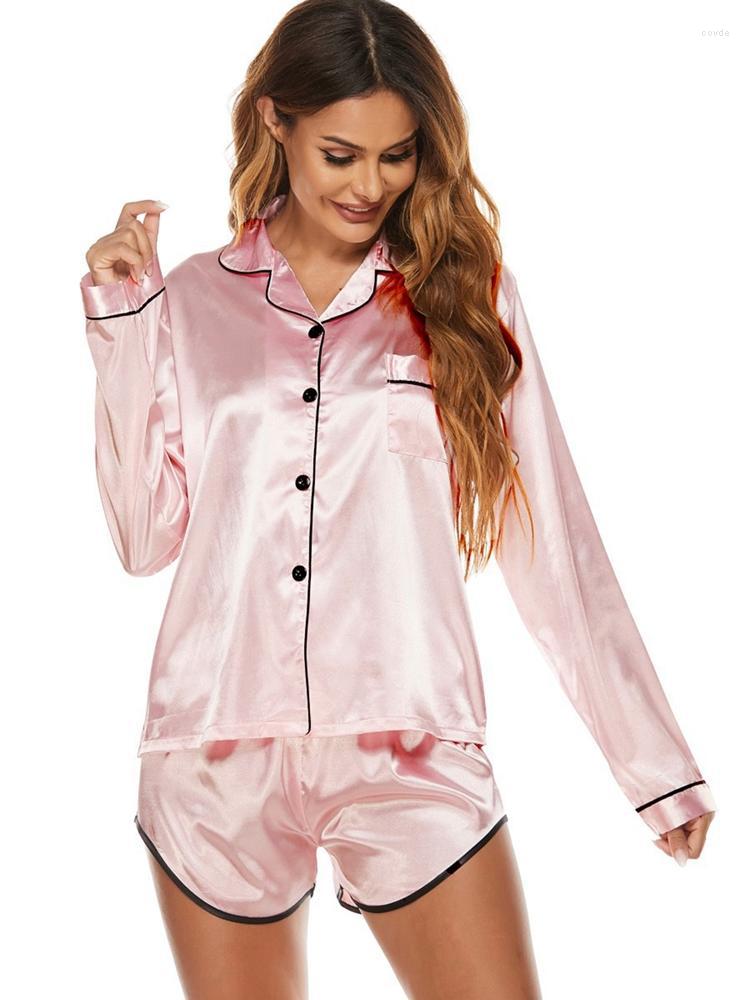 Women' Sleepwear Womens Silk Satin Pajamas Set Button Down Long Sleeve Top And Shorts Loungewear Ladies Nightgown VDEG1
Women' Sleepwear Womens Silk Satin Pajamas Set Button Down Long Sleeve Top And Shorts Loungewear Ladies Nightgown VDEG1