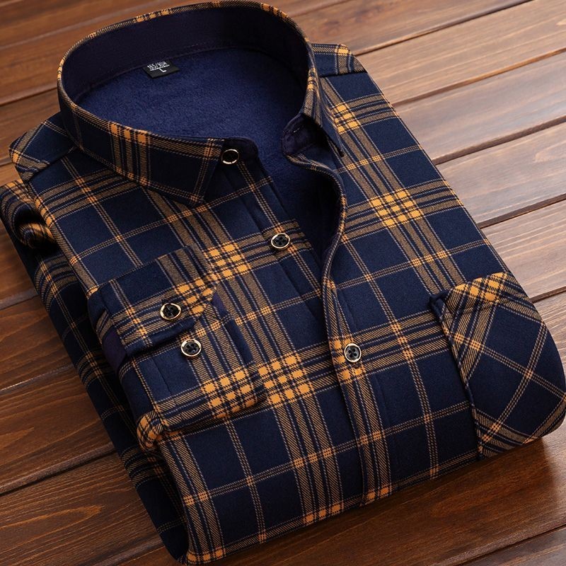 Men's Dress Shirts Autumn Winter Thicken Fleece Shirt Men Business Plaid Long Sleeve Warm Clothes Turn Down Collar Button Up Classic 230628Z
