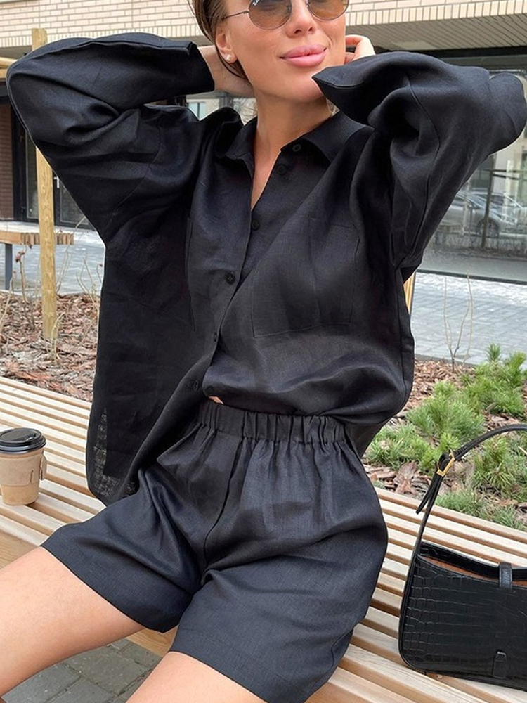 Two Piece Dress Black Womens Summer Suit Shirt and Shorts Loose Cotton Linen Long Sleeve Top Oversize Twopiece Set for Women Outfits 230627