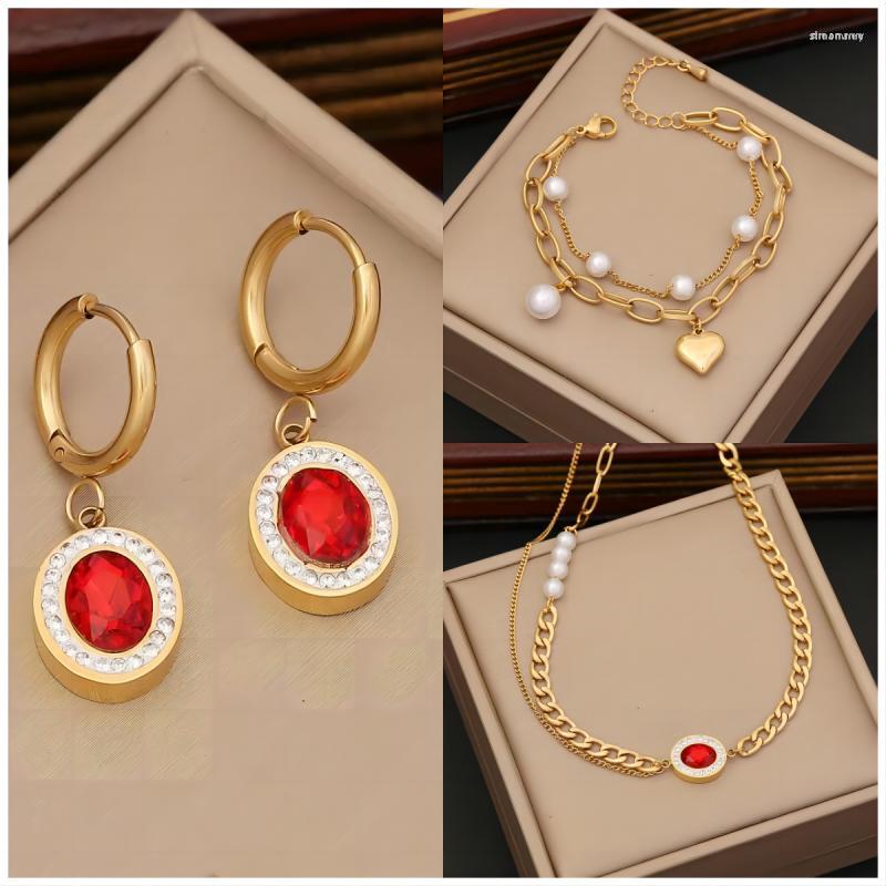 Necklace Earrings Set Jewelry For Women Fashion Creative Retro Red Zircon Gold Color Chain Stainless Steel Bracelet Party Gift, Picture shown
Necklace Earrings Set Jewelry For Women Fashion Creative Retro Red Zircon Gold Color Chain Stainless Steel Bracelet Party Gift, Picture shown