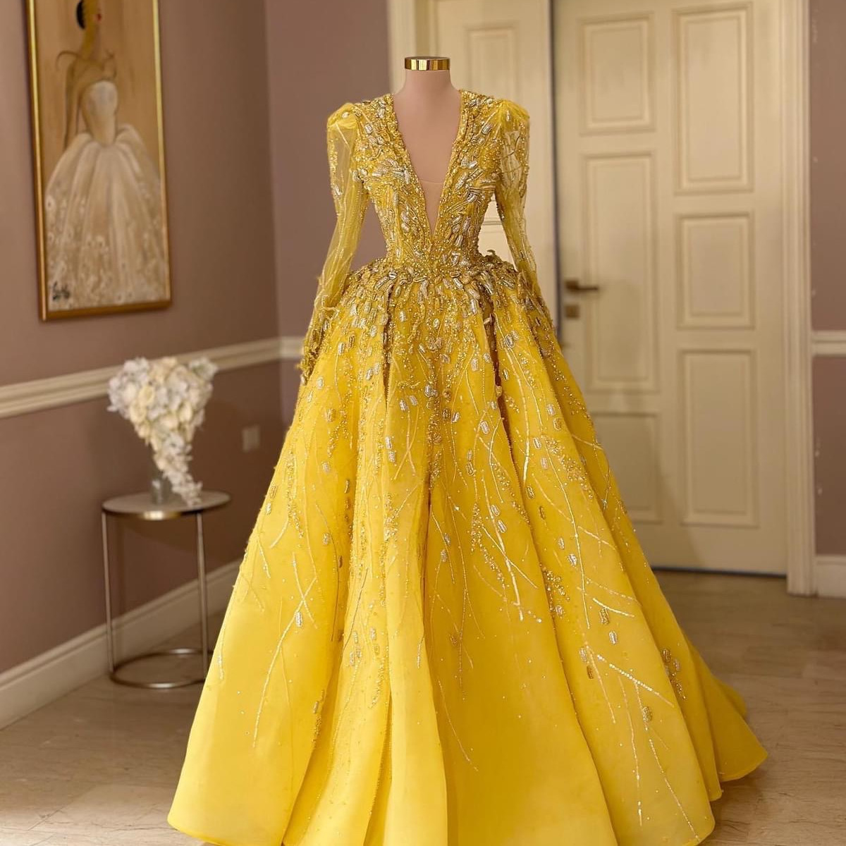 2023 Aso Ebi Yellow A-line Prom Dress Lace Beaded Evening Formal Party Second Reception Birthday Bridesmaid Engagement Gowns Dresses Robe De Soiree ZJ