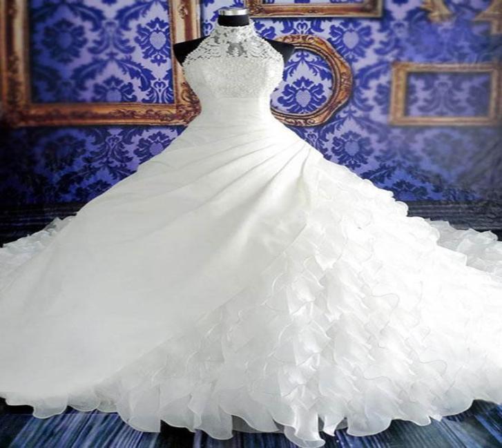 Halter High Neck Ball Gown Wedding Dress with Appliques Pearls Watteau Train Tiered Ruffles Organza Lace Applique Beaded Bridal Go4429000, Champagne
Halter High Neck Ball Gown Wedding Dress with Appliques Pearls Watteau Train Tiered Ruffles Organza Lace Applique Beaded Bridal Go4429000, Champagne