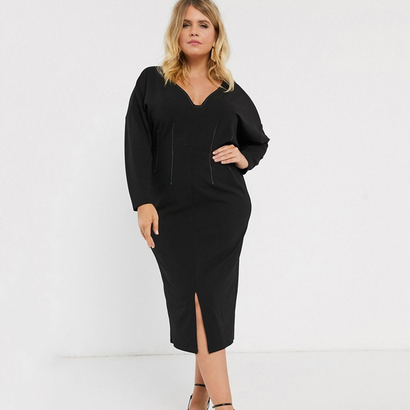 Plus size Dresses Size Contrast Stitch Elegant Spring Dres Sexy Vneck Long Sleeve Split Black Midi Party Dress Female Large 230627
Plus size Dresses Size Contrast Stitch Elegant Spring Dres Sexy Vneck Long Sleeve Split Black Midi Party Dress Female Large 230627