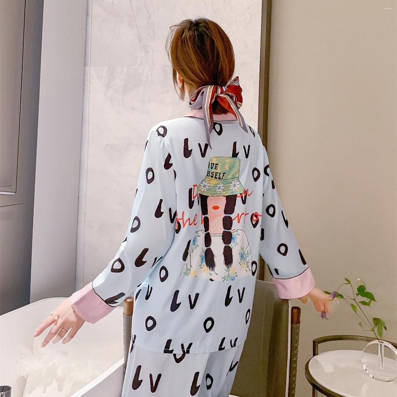 Women's Sleepwear Ice Silk Female Print Loose 2PCS Pyjamas Suit Spring Autumn Full Sleeve Nightwear Lingerie With Pant Home Clothes, Blue
Women's Sleepwear Ice Silk Female Print Loose 2PCS Pyjamas Suit Spring Autumn Full Sleeve Nightwear Lingerie With Pant Home Clothes, Blue