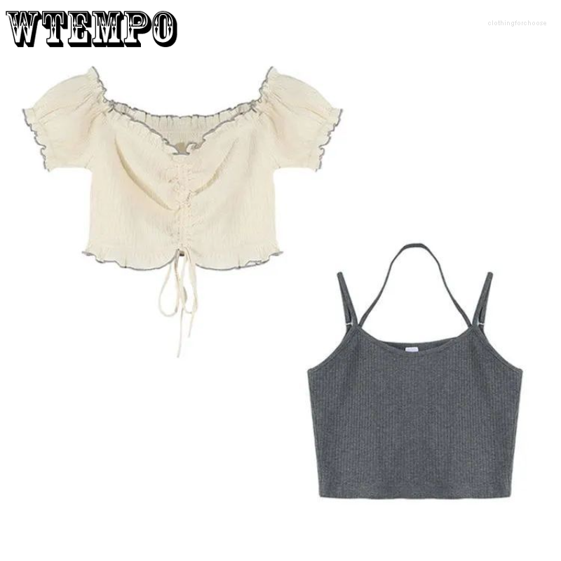 Women' T Shirts Short Top Strap Two Piece Set Women' Off Shoulder Sleeved T-shirt Pleated Ruffle Edge Sweet Preppy Style Summer, Black
Women' T Shirts Short Top Strap Two Piece Set Women' Off Shoulder Sleeved T-shirt Pleated Ruffle Edge Sweet Preppy Style Summer, Black