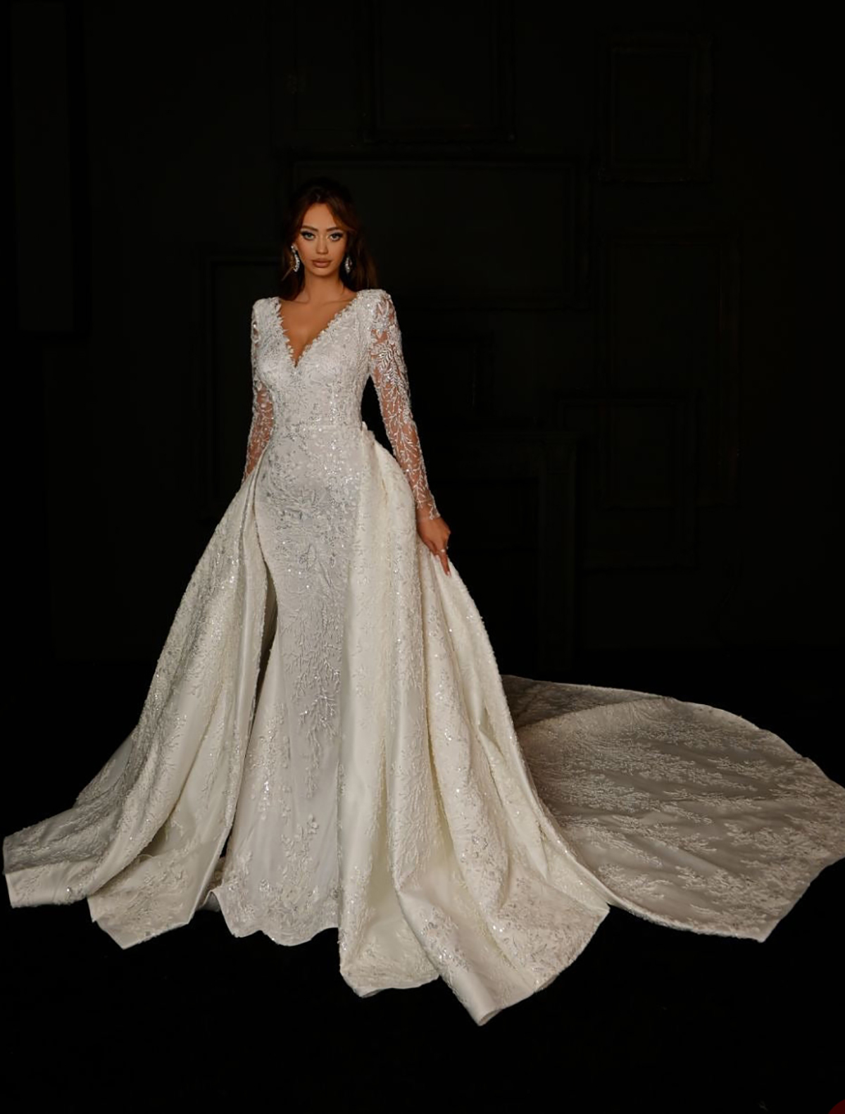 Classical Mermaid Wedding Dresses V-neck Long Sleeves Lace Applicants Detachable Train Backless Custom Custom Made Plus Size Bridal Gown Vestidos De N
