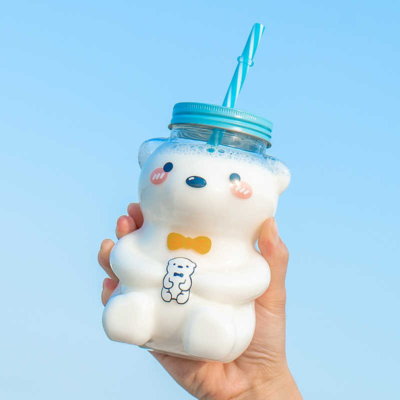 550ml New Funny Bear Drinking Bottle Cartoon Cute Clear Glass Water Bottle With Straw Milk Water Cup Birthday Gift For Girls L230620