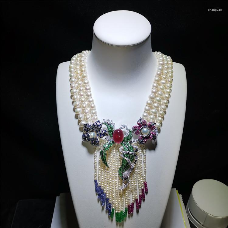 

Chains 3 Rows 8-9mm White Freshwater Cultured Pearl Color Stone Micro Inlay Zircon Flower Accessories Tassel Necklace Long 45-51cm