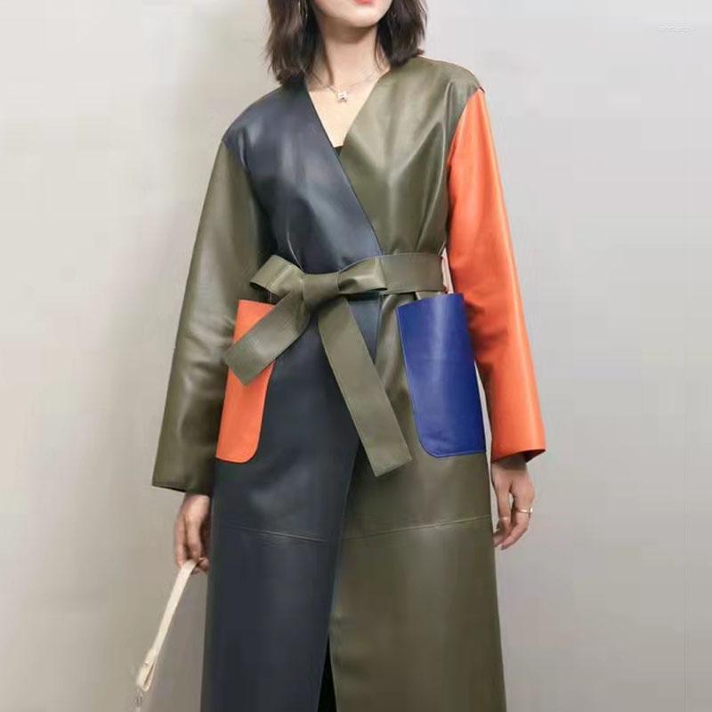 Women' Leather Colorfur Stitching Coat Spring Women X-Long Outerwear WIth Belt High Quality Genuine Jacket V-Neck Collar Female Clothes
Women' Leather Colorfur Stitching Coat Spring Women X-Long Outerwear WIth Belt High Quality Genuine Jacket V-Neck Collar Female Clothes