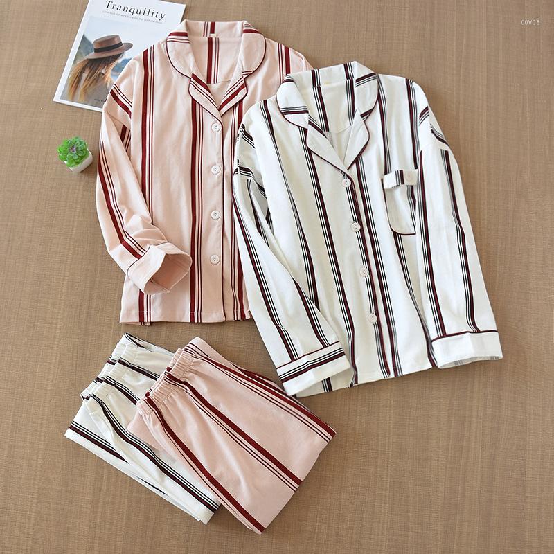 

Women's Sleepwear 2023 Spring And Autumn Cotton Knitted Ladies Pajamas Suit Wide Stripe Home Service Long-sleeved Trousers Women Pajama Set, White broad stripes