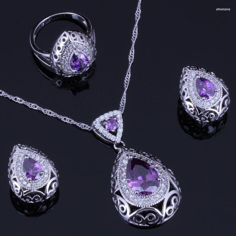 Necklace Earrings Set Water Drop Purple Cubic Zirconia White CZ Silver Plated Pendant Chain Ring V0317, Picture shown
Necklace Earrings Set Water Drop Purple Cubic Zirconia White CZ Silver Plated Pendant Chain Ring V0317, Picture shown