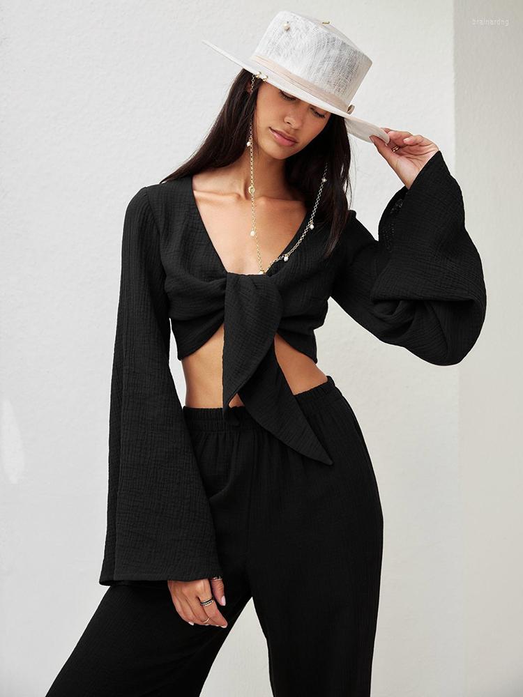 Women' Sleepwear Hiloc Flare Long Sleeve In Women' Black Cotton Pajamas For Women Crop Tops Lace Up Loose Home Suit Sets Fashion
Women' Sleepwear Hiloc Flare Long Sleeve In Women' Black Cotton Pajamas For Women Crop Tops Lace Up Loose Home Suit Sets Fashion