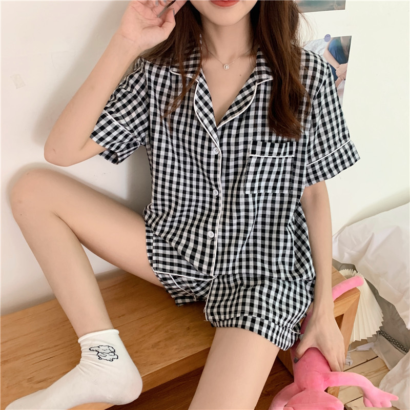 Women's Sleepwear Plaid Casual Summer Pajama Set Out Wear Women Short Sleeve Blouse Pijama Suit Cotton And Linen Students S051
Women's Sleepwear Plaid Casual Summer Pajama Set Out Wear Women Short Sleeve Blouse Pijama Suit Cotton And Linen Students S051