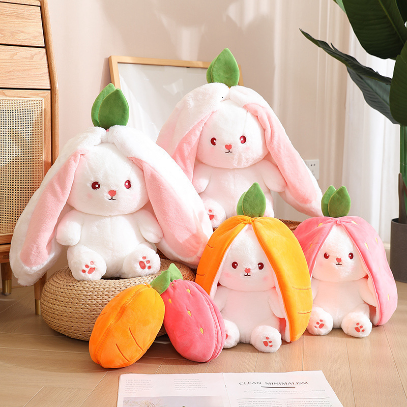 Plush Pillows Cushions 35cm Creative Funny Doll Carrot Rabbit Toy Stuffed Soft Bunny Hiding in Strawberry Bag Toys for Kids Girls Birthday Gift 230628