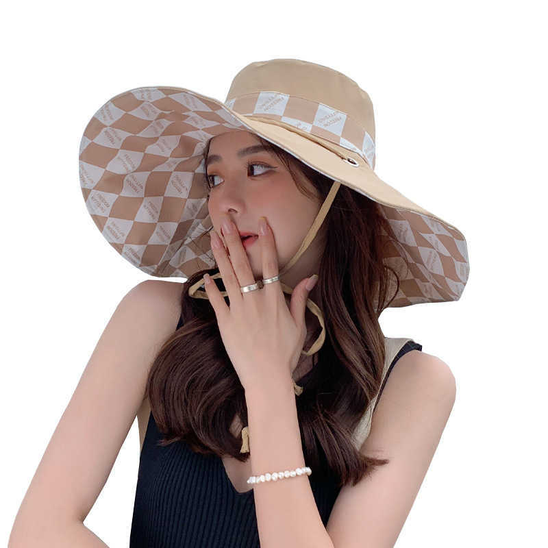 Wide Brim Bucket Hats Ladies Bucket Hat Double Sided Wear Fashion Checked Summer Beach Neck Protection Sun Visor Packable Wide Brimmed Foldable Revers