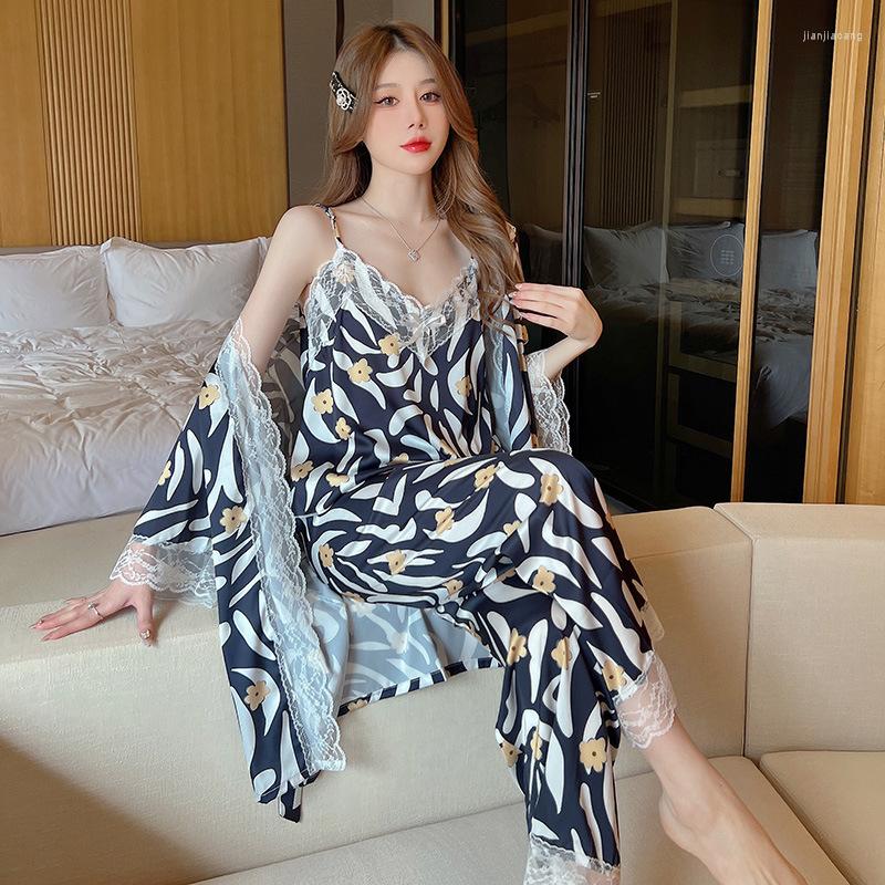 Women's Sleepwear 3PCS Bathrobe Pyjamas Set Women Satin Lace Robe Pajamas Loungewear Sexy Strap Top&pants Sleep Suit Home Clothes, Style - 3
Women's Sleepwear 3PCS Bathrobe Pyjamas Set Women Satin Lace Robe Pajamas Loungewear Sexy Strap Top&pants Sleep Suit Home Clothes, Style - 3