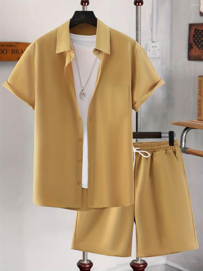 Men' Tracksuits Men Solid Color 2 Pieces Summer Outfit-Button Up Shirt And Drawstring Waist Shorts Without Tee, Olive green 
Men' Tracksuits Men Solid Color 2 Pieces Summer Outfit-Button Up Shirt And Drawstring Waist Shorts Without Tee, Olive green