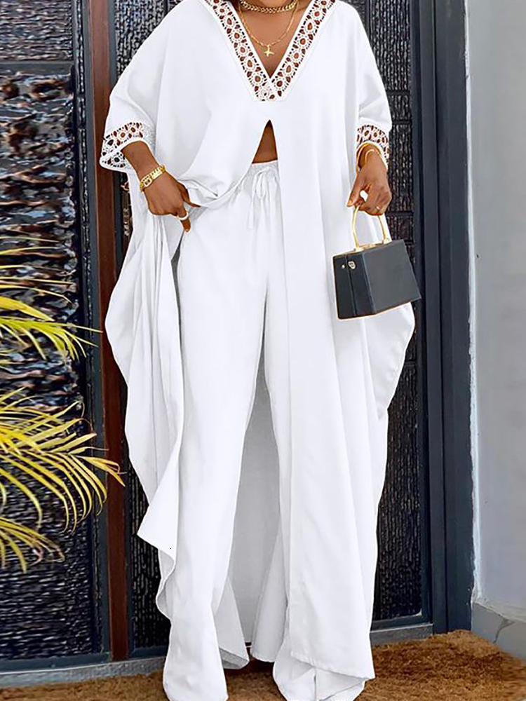 Women s Suits Blazers Matching Set Women Spring Summer Loungewear V Neck Flare Sleeve X Long Tops Wide Leg Pants 2PCS Outfit Streetwear Drop 230628