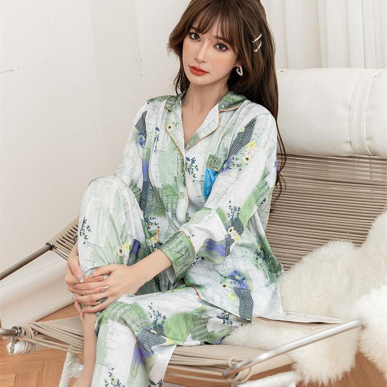 Women's Sleepwear Ice Silk Pajamas Women's 2023 Girl Small Fresh Pajama Set Women, Green