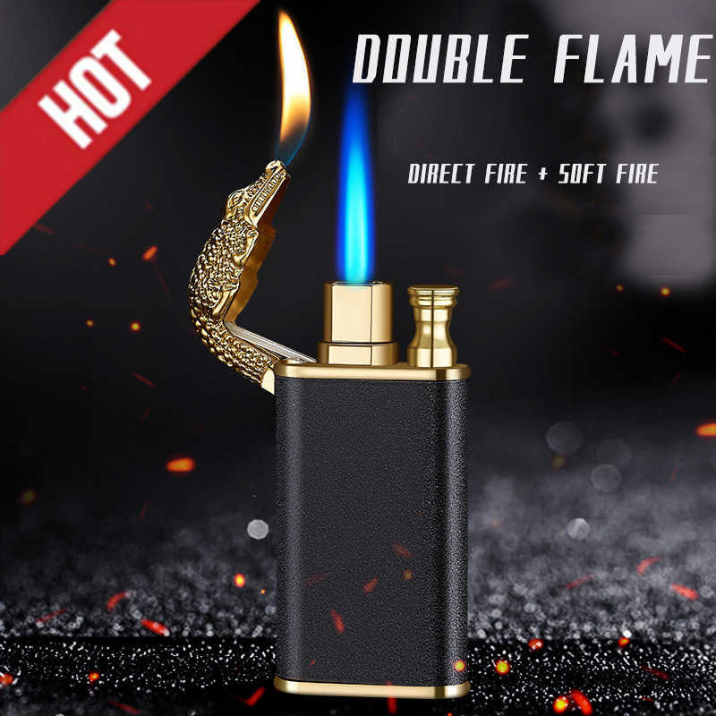 Unusual Blue Flame Metal Crocodile Double Fire Dragon Lighter Creative Direct Windproof Open Conversion Man's Gift FFXE W260202