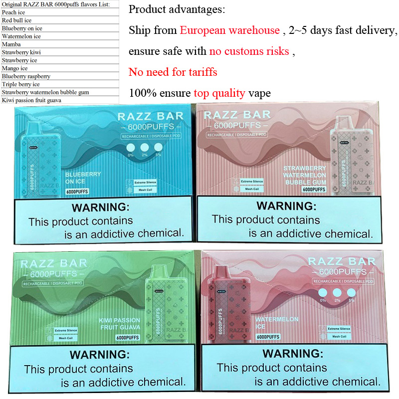Original rechargeable RAZZ BAR 6000 PUFFS disposable Vape device kits e cigarette 550mah battery pre-filled 14ml vaporizer 12 flavors MESH coil European warehouse
Original rechargeable RAZZ BAR 6000 PUFFS disposable Vape device kits e cigarette 550mah battery pre-filled 14ml vaporizer 12 flavors MESH coil European warehouse