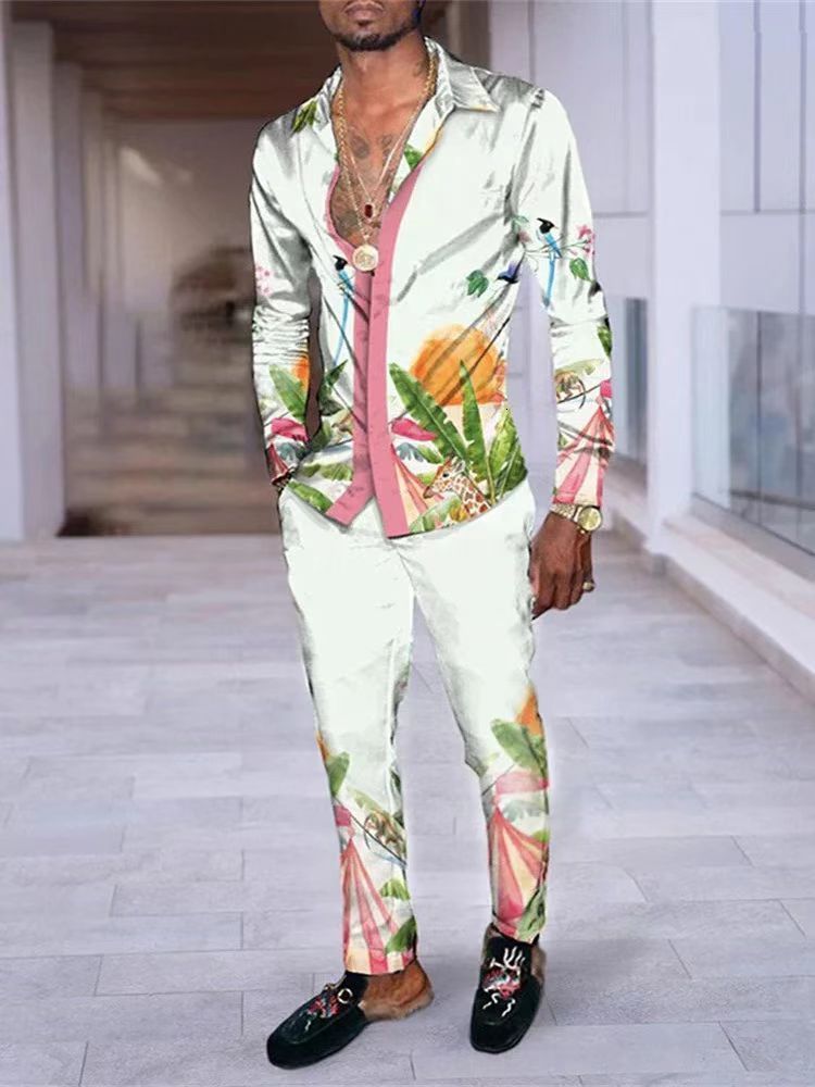 Mens Tracksuits Casual Long Sleeved Shirt And Pants Social Formal Set 230627