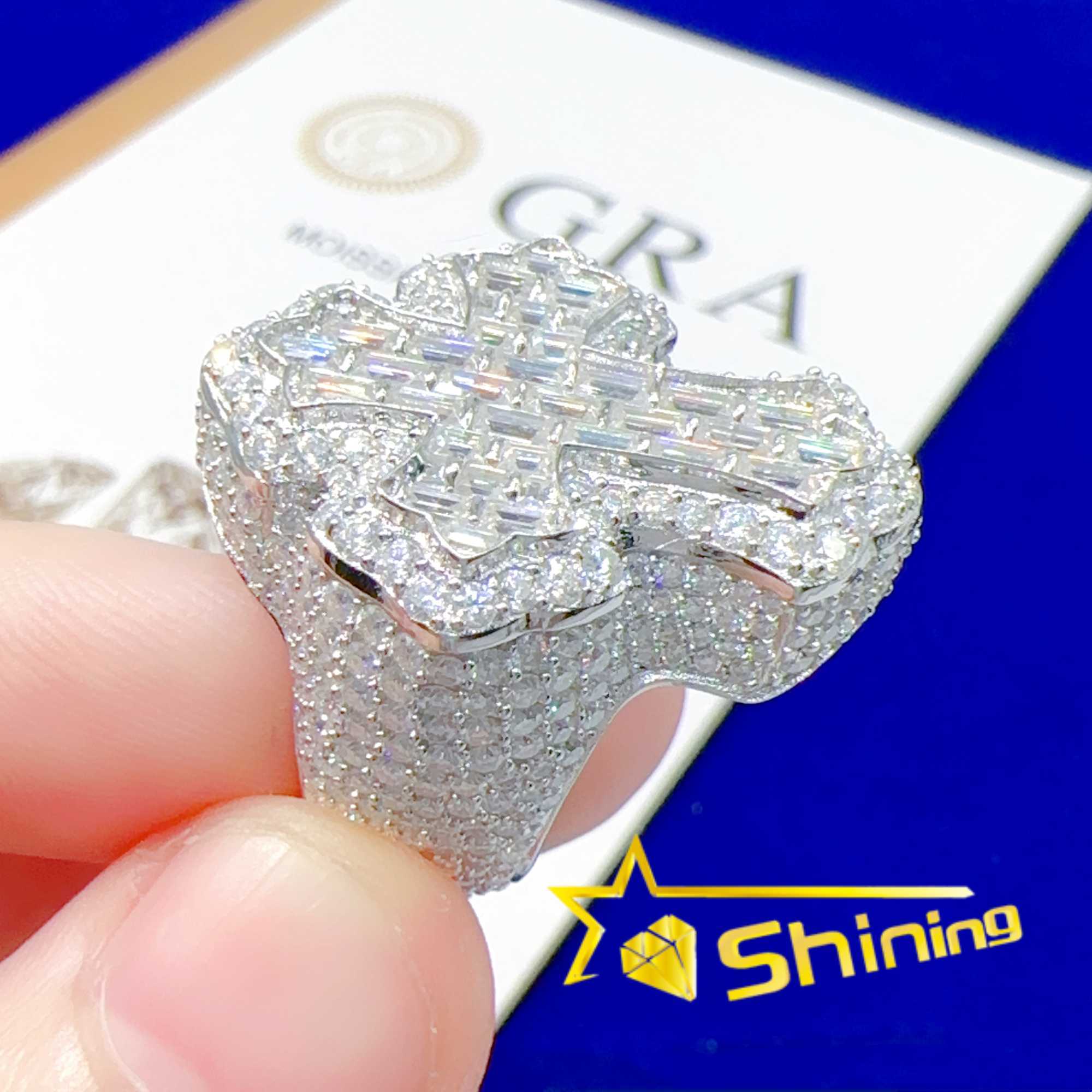 Iced Out 925 Sterling Silver Hip Hop Moissanite Ring Men Custom Cross Finger Rings