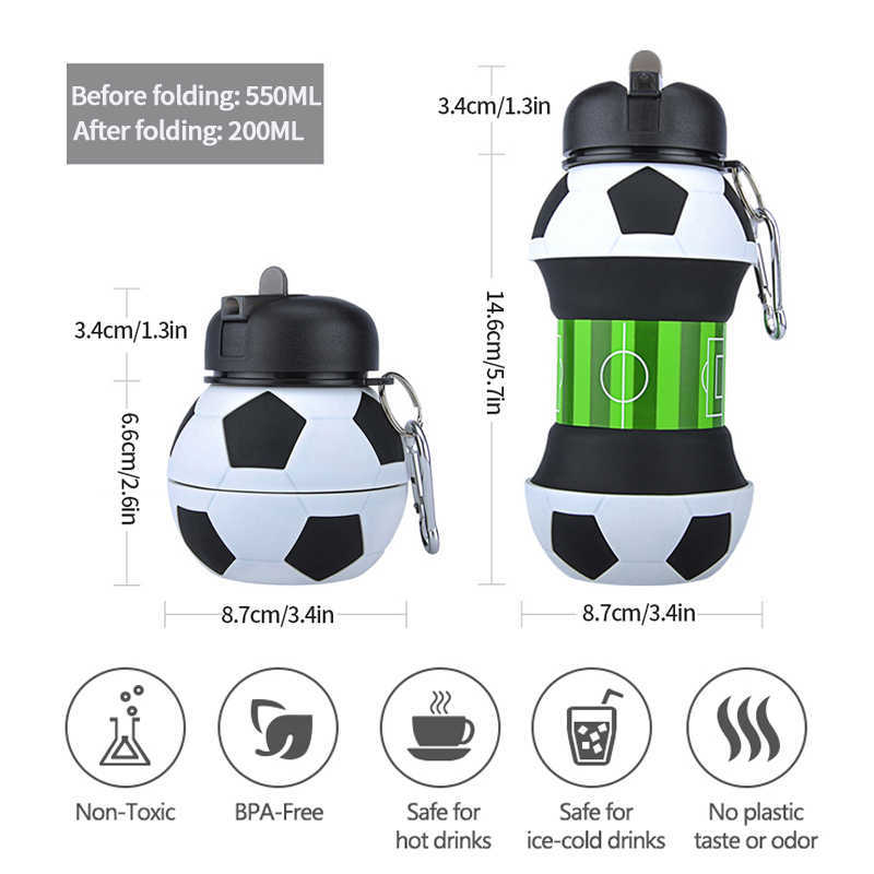 550ml Foldable Kids Bottles Portable Sports Bottle Football Soccer Ball Shaped Water Bottl Silicone Cup L230620 Z260202