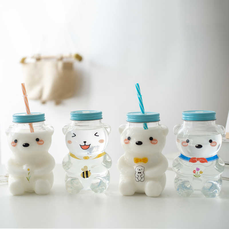 550ml New Funny Bear Drinking Bottle Cartoon Cute Clear Glass Water Bottle With Straw Milk Water Cup Birthday Gift For Girls L230620
