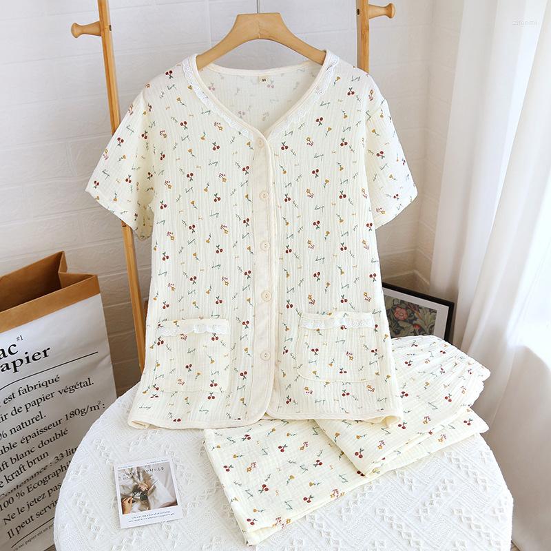 Women's Sleepwear Summer Women's Printed Pajamas Double Layer Gauze Round Neck Button Lace Night-clothes Short Sleeved Cherry Cartoon, Little cherry
Women's Sleepwear Summer Women's Printed Pajamas Double Layer Gauze Round Neck Button Lace Night-clothes Short Sleeved Cherry Cartoon, Little cherry